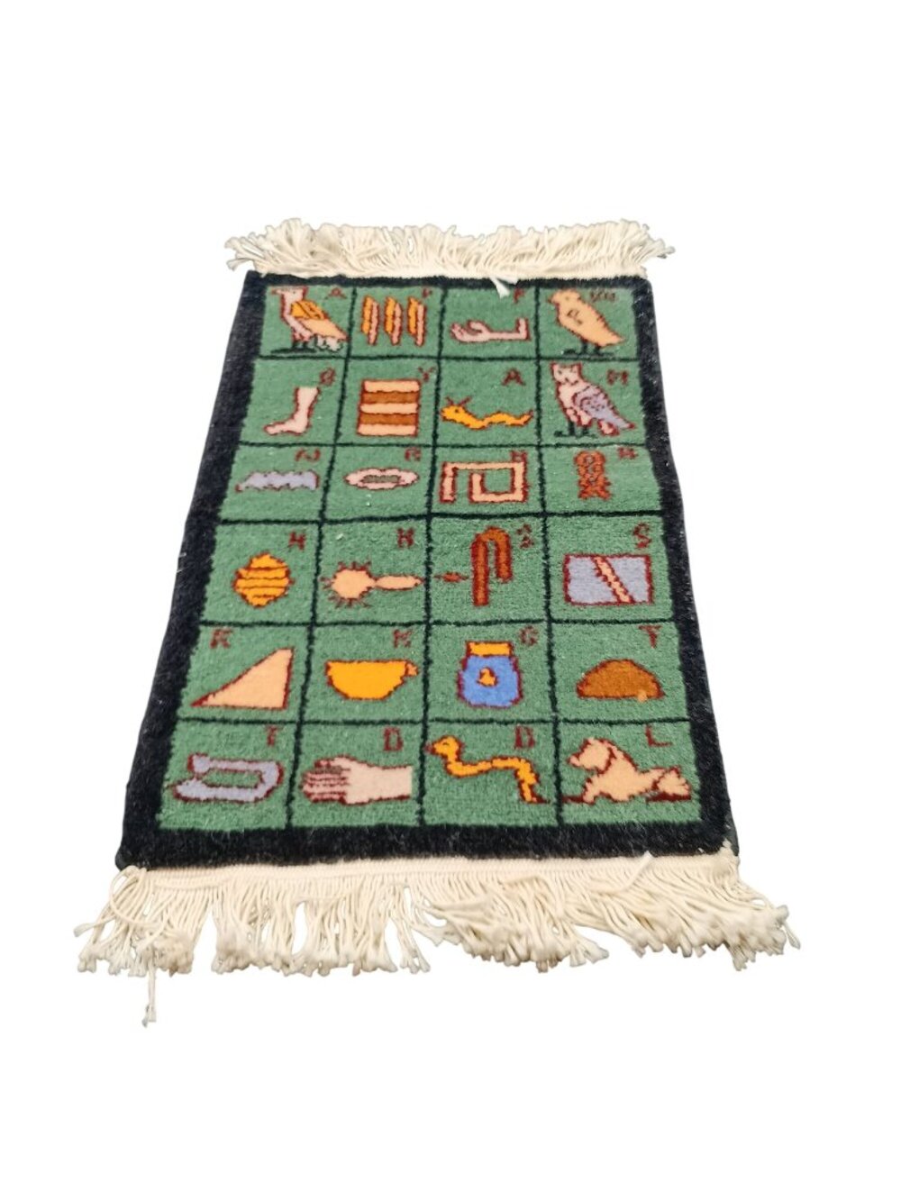 Miniature Kashmiri Vintage Alphabet Wool Tapestry Rug with Hieroglyph Design